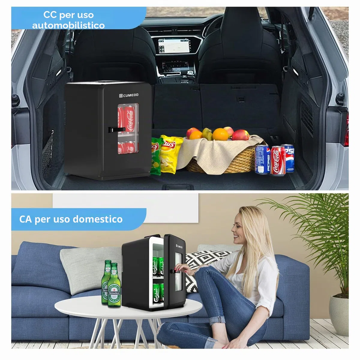 Cumeod Mini Frigo da 15 Litri/21 Lattine, Frigorifero Piccolo con Funzione di Raffreddamento e Riscaldamento, 220V AC/12V DC per Casa, Ufficio e Viaggio, Cosmetici, Bevande, Cibo, Mode Max et ÉCO