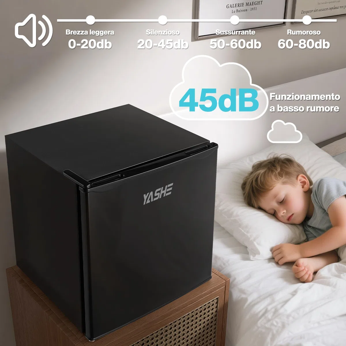 YASHE 52L Frigorifero Piccolo con Congelatore, Mini Frigo da Camera, Termostato Regolabile a 5 Livelli, Porta Reversibile e Silenzioso, Frigorifero Compatto per Ufficio, Casa e Camper