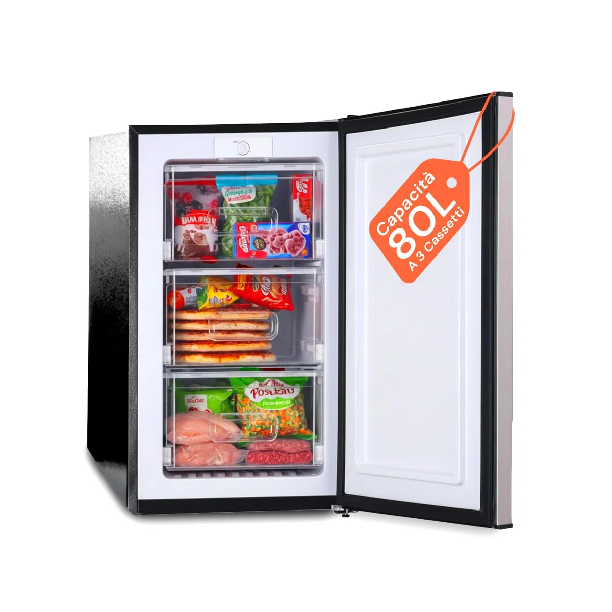 Avilia - Congelatore a Cassetti 80L con 3 Scomparti Estraibili e Porta Silver Elegante, Struttura Compatta da 47x44,5x83,5 cm, Facile da Posizionare e Perfetto come Congelatore Verticale
