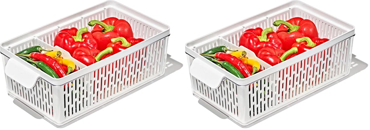 OXO Good Grips Conserva Prodotti Freschi: Contenitore Medio: Mantiene Frutta e Verdura Fresche Più a Lungo + Divisore Regolabile + Cesto Rimovibile per Circolazione dell'Aria (Confezione da 2)