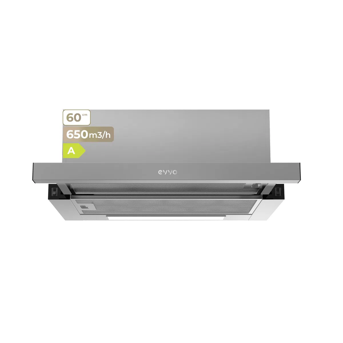 EVVO Cappa aspirante telescopica CE11, larghezza 60 cm, potenza 650 m³/h, filtro in alluminio a 5 strati, luce LED, filtro al carbone attivo, 2 velocità, efficienza energetica A, finitura inox