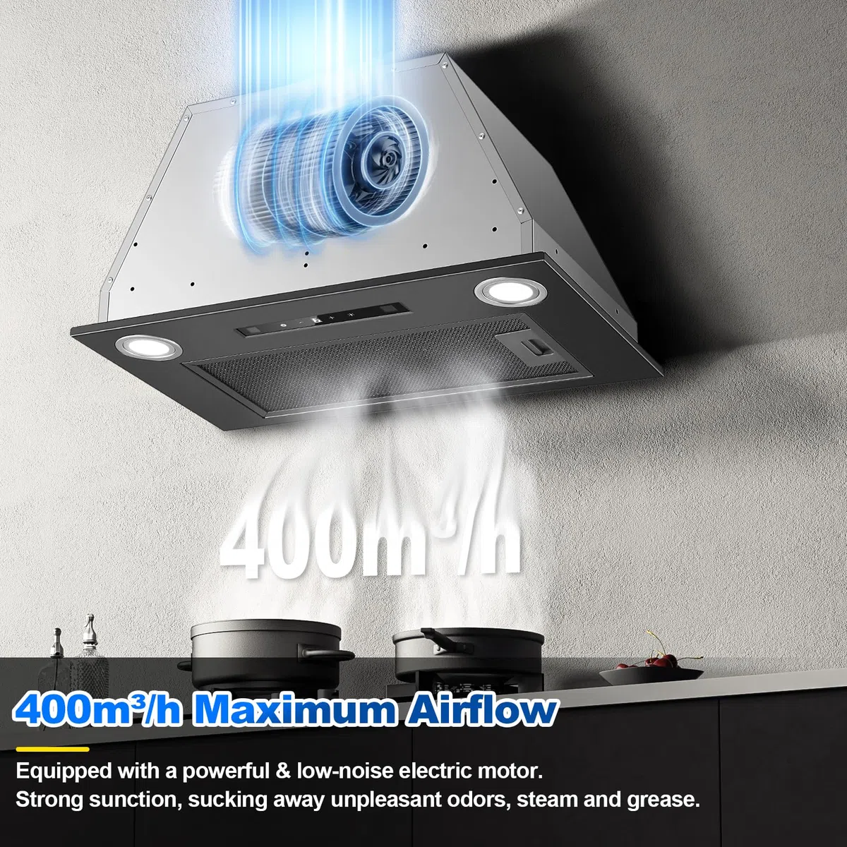 Cappa da incasso 52 cm, 400 m³/h, Nero Cappa da cucina, Comandi Gesto, Tocco, 3 velocità e Booster, Illuminazione a LED, Evacuazione dei condotti e ricircolo con filtro carbone attivo