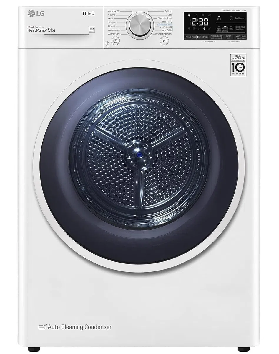 LG RH90V9AVHN Asciugatrice Smart a Carica Frontale 9 Kg, Classe C, Condensazione con Pompa di Calore, Wi-Fi con SmartThinQ, Eco Hybrid, Allergy Care, 60 x 69 x 85 cm - Bianco