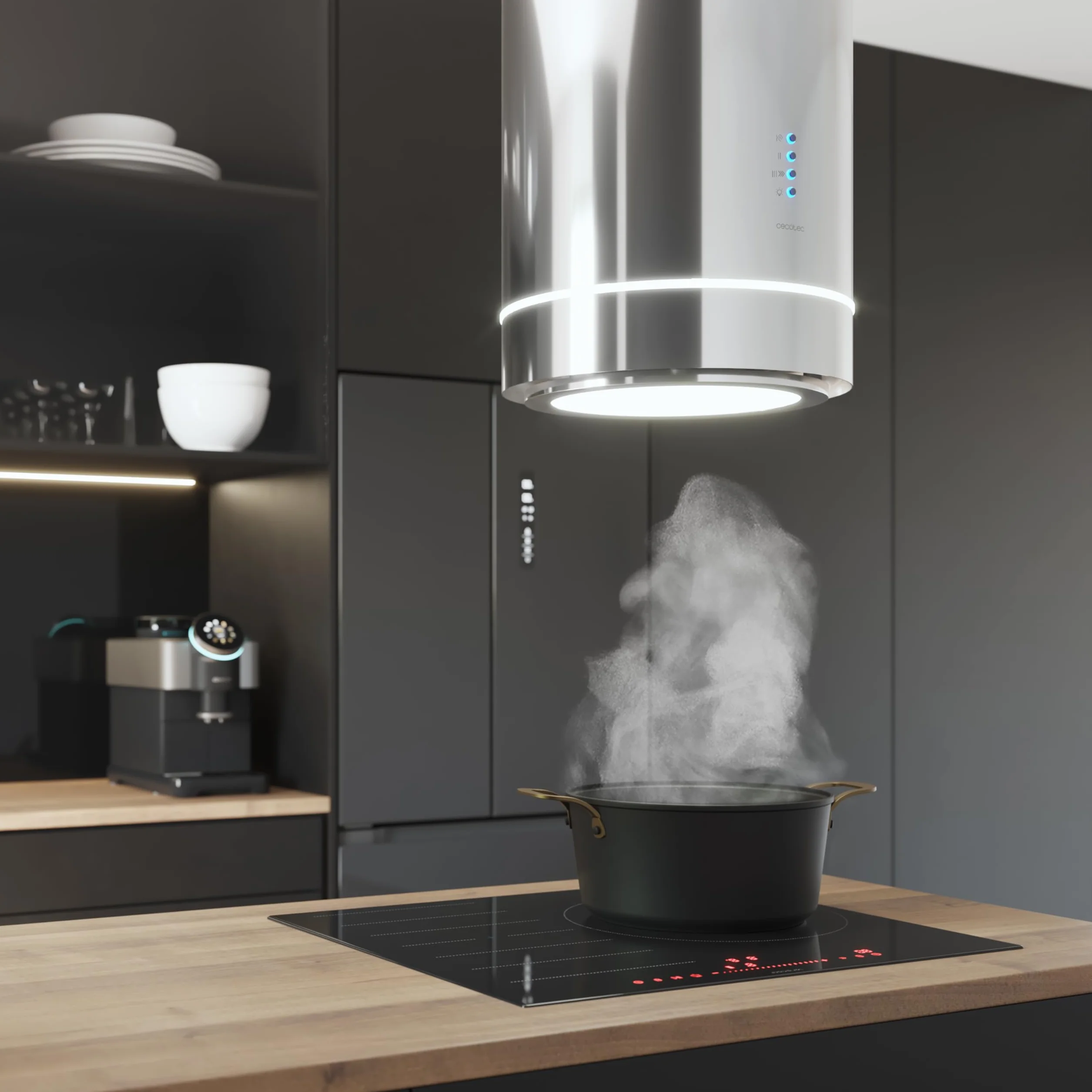 Cecotec Cappa Aspirante Isola Rotonda 38cm Bolero Flux Ire 388000 Inox A++. Aspirazione 712m3/h, Motore 210W, Controllo Elettronico, Pannello LED, Filtro Carbone, Design Elegante Inox