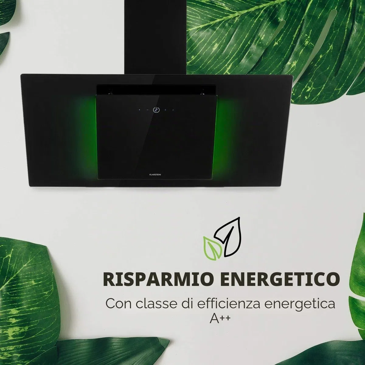 Klarstein Eleonora - Cappa Aspirante Inclinata, Classe Energetica A++, Capacità: 426m³/h, Touch, Luce Ambiente RGB, 60dB, Ricircolo/Scarico, Luce LED, Filtro Antigrasso, 90cm, Nero