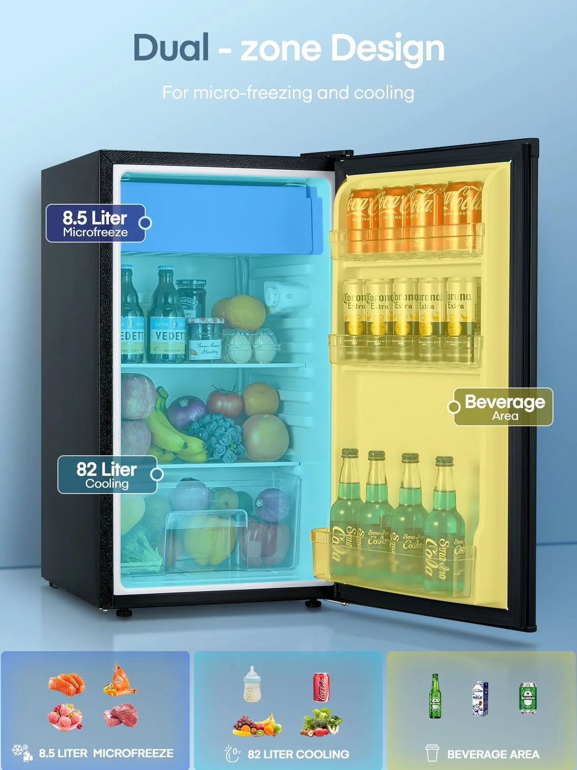 FOHERE Frigorifero Piccolo 91L con Freezer, Frigorifero Monoporta, Silenzioso, 7 Termostato Regolabile, Scomparto per Verdure, Mini Frigo da Ufficio, Camera, Nero