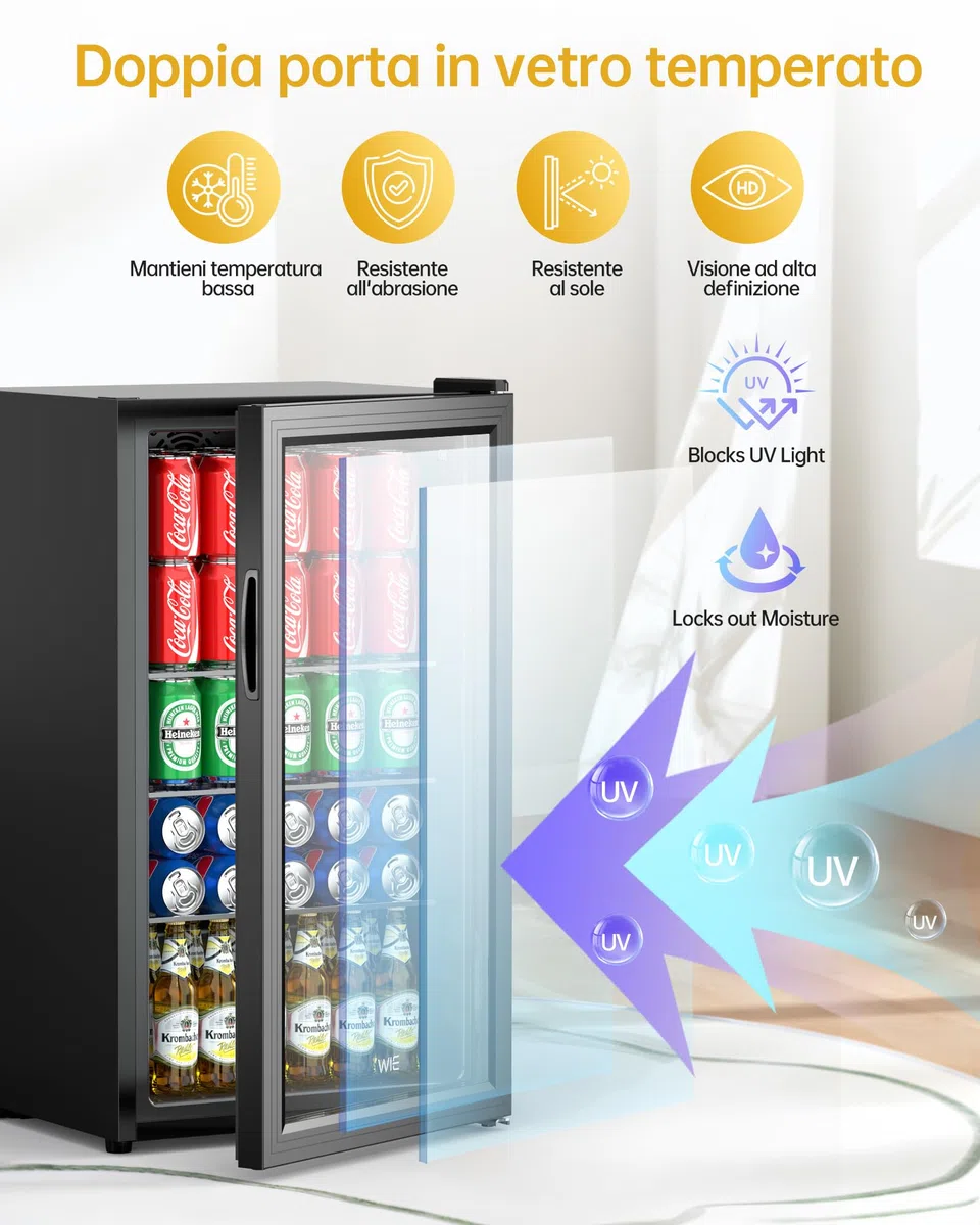 WIE Professional Mini Frigo per Bevande, Frigorifero per Bevande Con Porta in Vetro, 3 Ripiani Regolabili, Controllo Intelligente, Porta Reversibile, Perfetto per Casa/Bar/Ufficio/Hotel (Nero 86L)