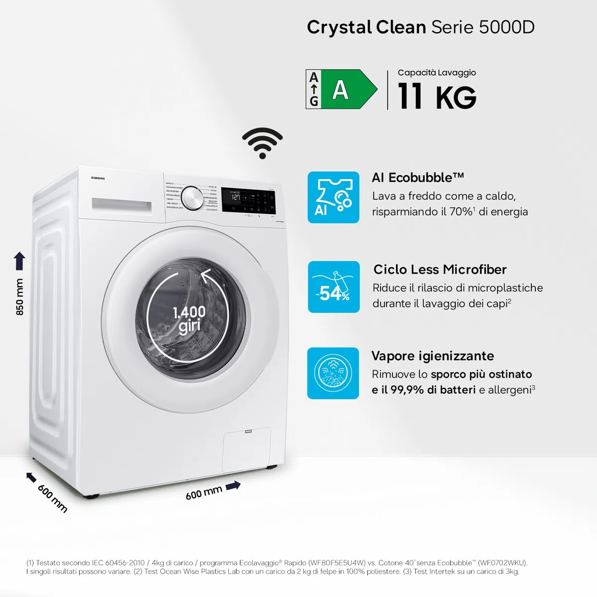 Samsung Lavatrice Crystal Clean Wifi WW11DG5B25TE/ET Libera installazione, 11 Kg, 1400 RPM, Ecobubble, Vapore, Carica Frontale, 60l x 85h x 55p cm