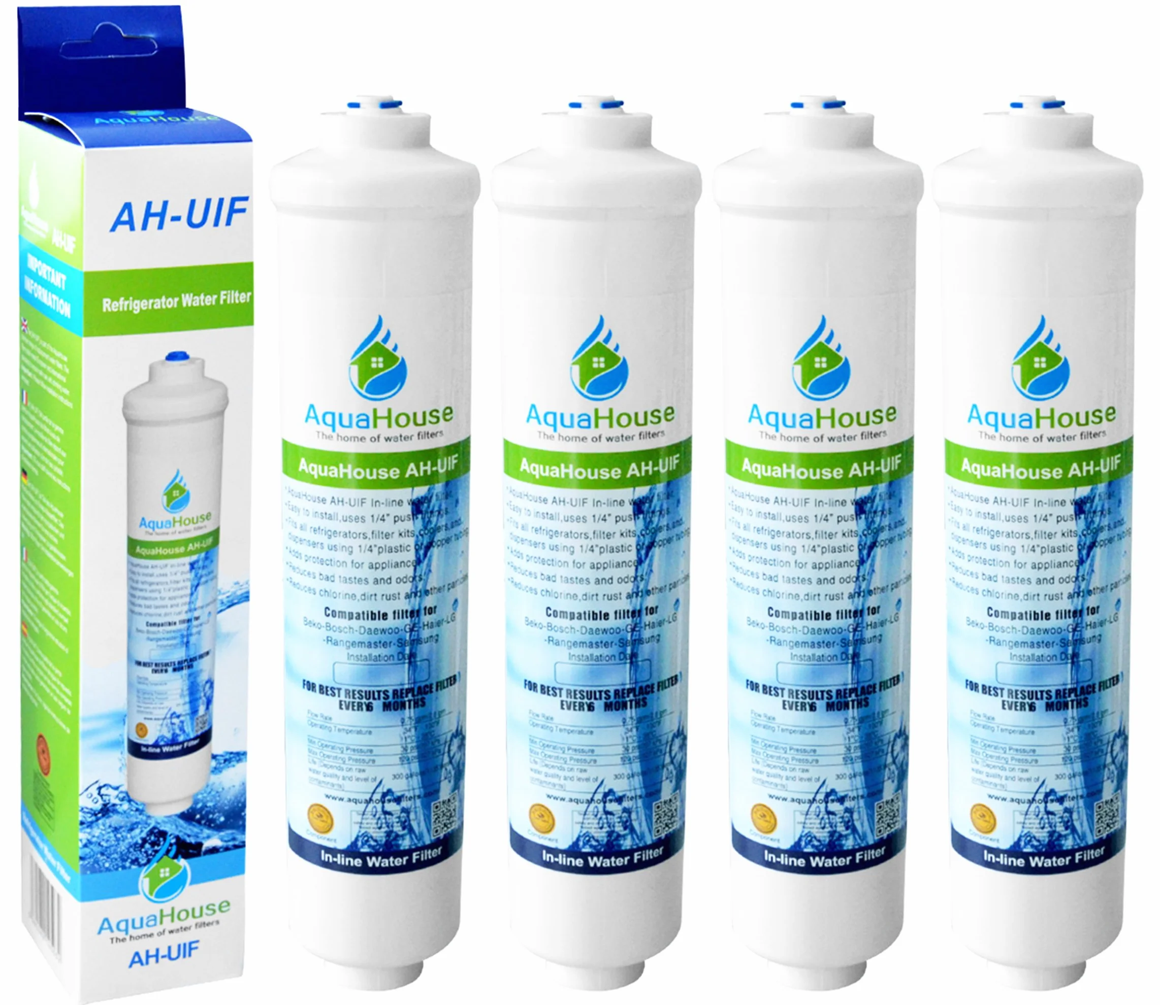 4x AquaHouse UIFH Compatibile per filtro per l'acqua Haier 0060823485A Kemflo Aicro per Haier, CDA, Firstline, frigoriferi Frigistar