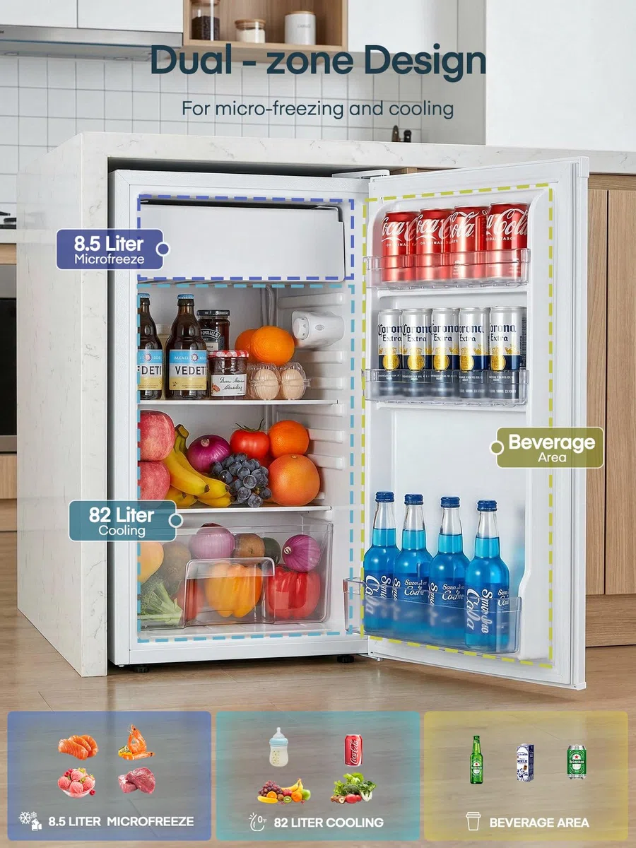 FOHERE Frigorifero Piccolo 90L, Frigorifero Monoporta con Fresh Zone, 7 Termostato Regolabile, Silenzioso, Scomparto per Verdure, Frigo da Ufficio, Camera, Bianco
