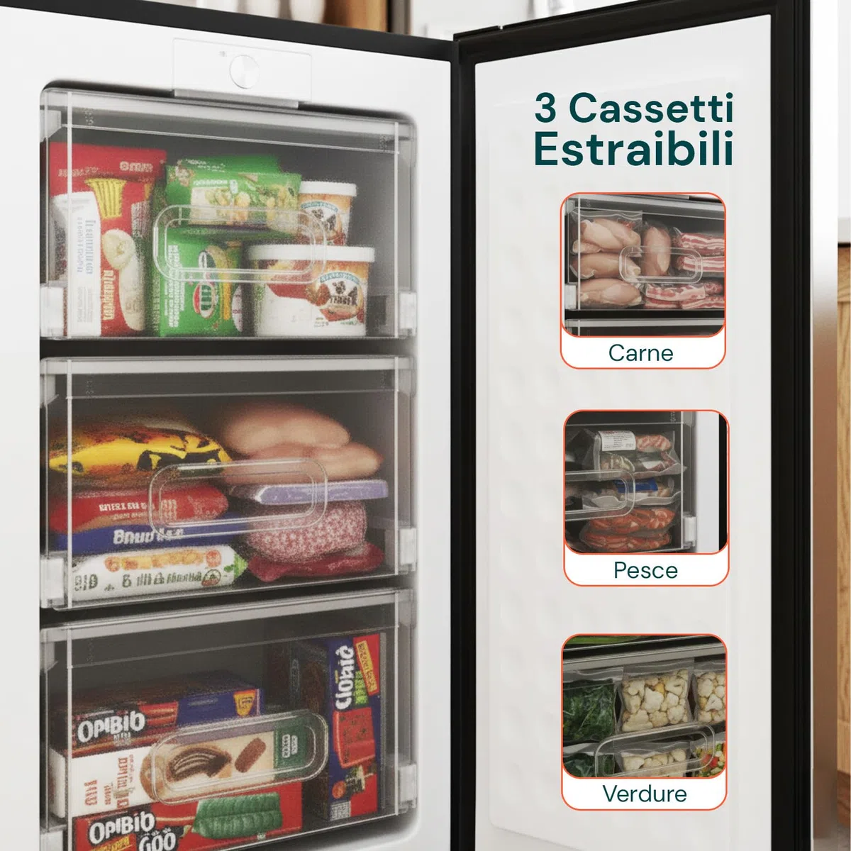 Avilia - Congelatore a Cassetti 80L con 3 Scomparti Estraibili e Porta Silver Elegante, Struttura Compatta da 47x44,5x83,5 cm, Facile da Posizionare e Perfetto come Congelatore Verticale