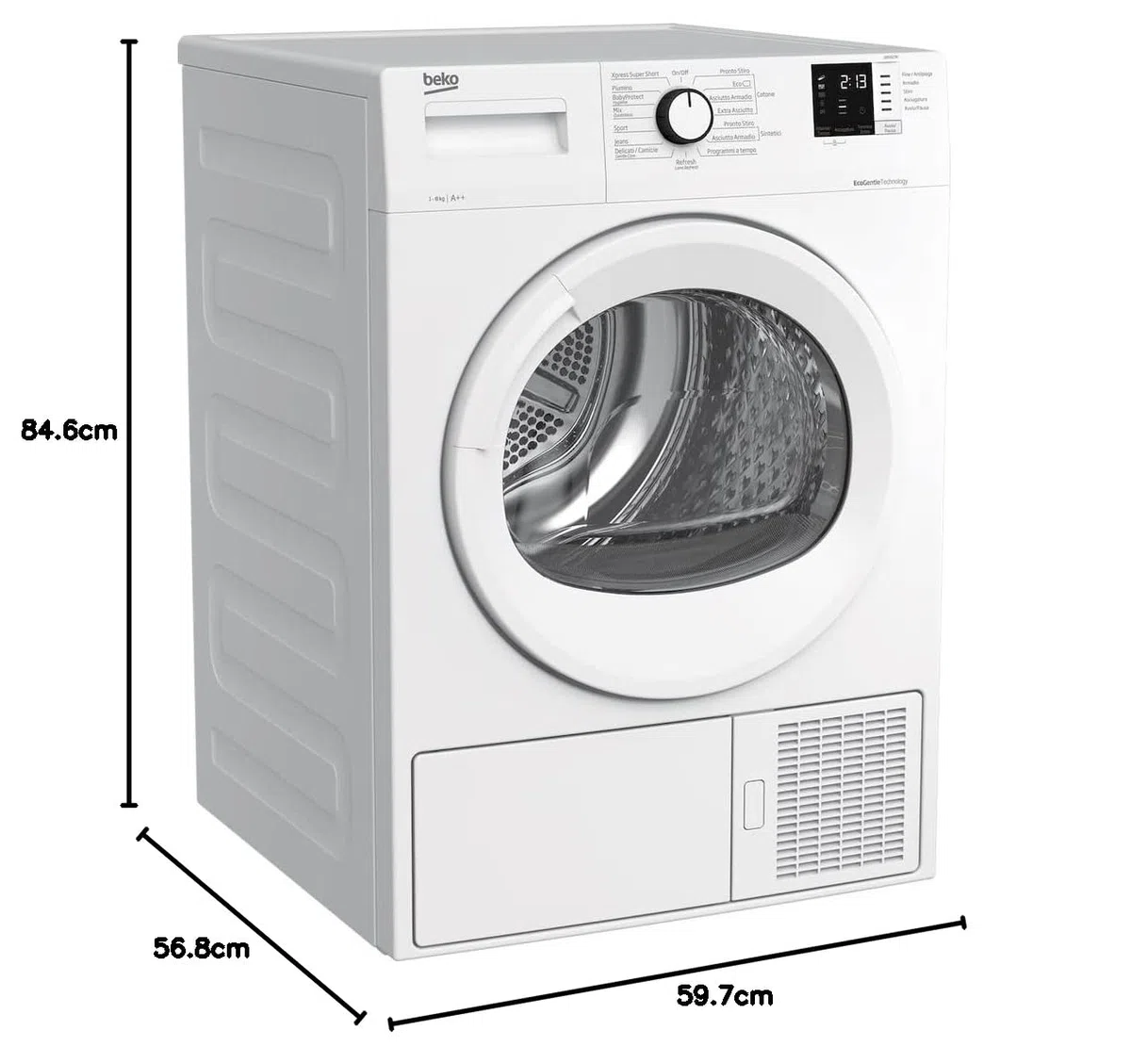 Beko - DRX823N - Asciugatrice Standard 8kg, Classe A++, linea estetica Basic, Display Digit, oblò bianco con manopola bianca, Partenza ritardata 0-24h, Dimensioni AxLxP: 84,6x59,7x56,8cm.