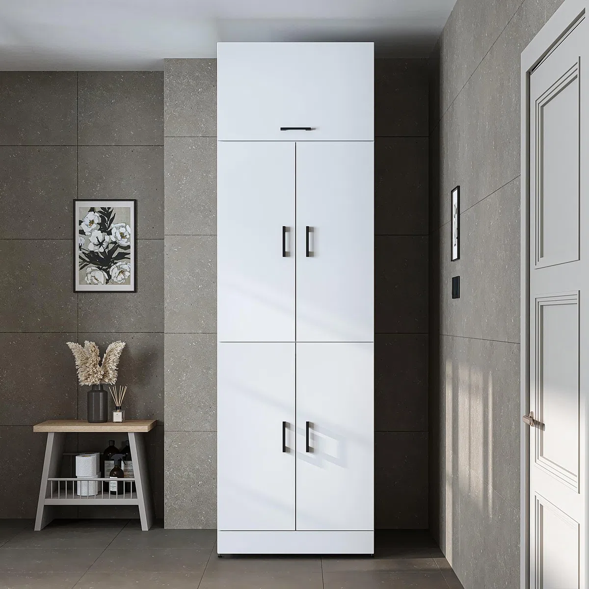 ROOMART Mobile per lavatrice Dora per asciugatrice e lavatrice, in 4 colori, con ante e ripiano estraibile (-bianco, altezza 230 cm)