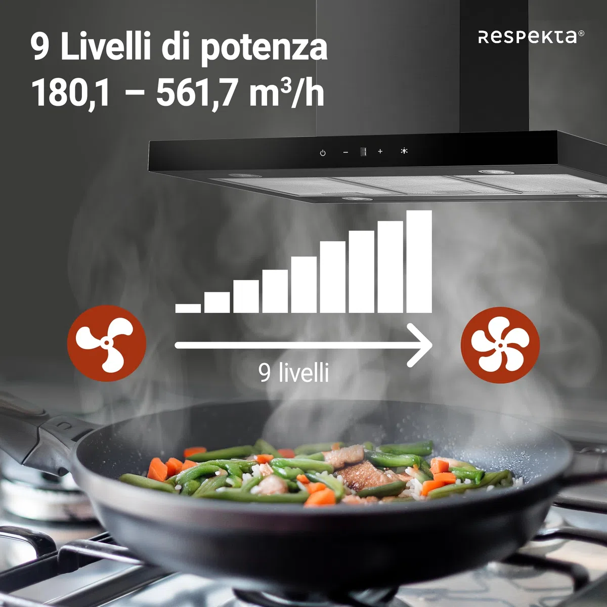 Cappa aspirante a isola, 90 cm, nero opaco, Touch Control Respekta