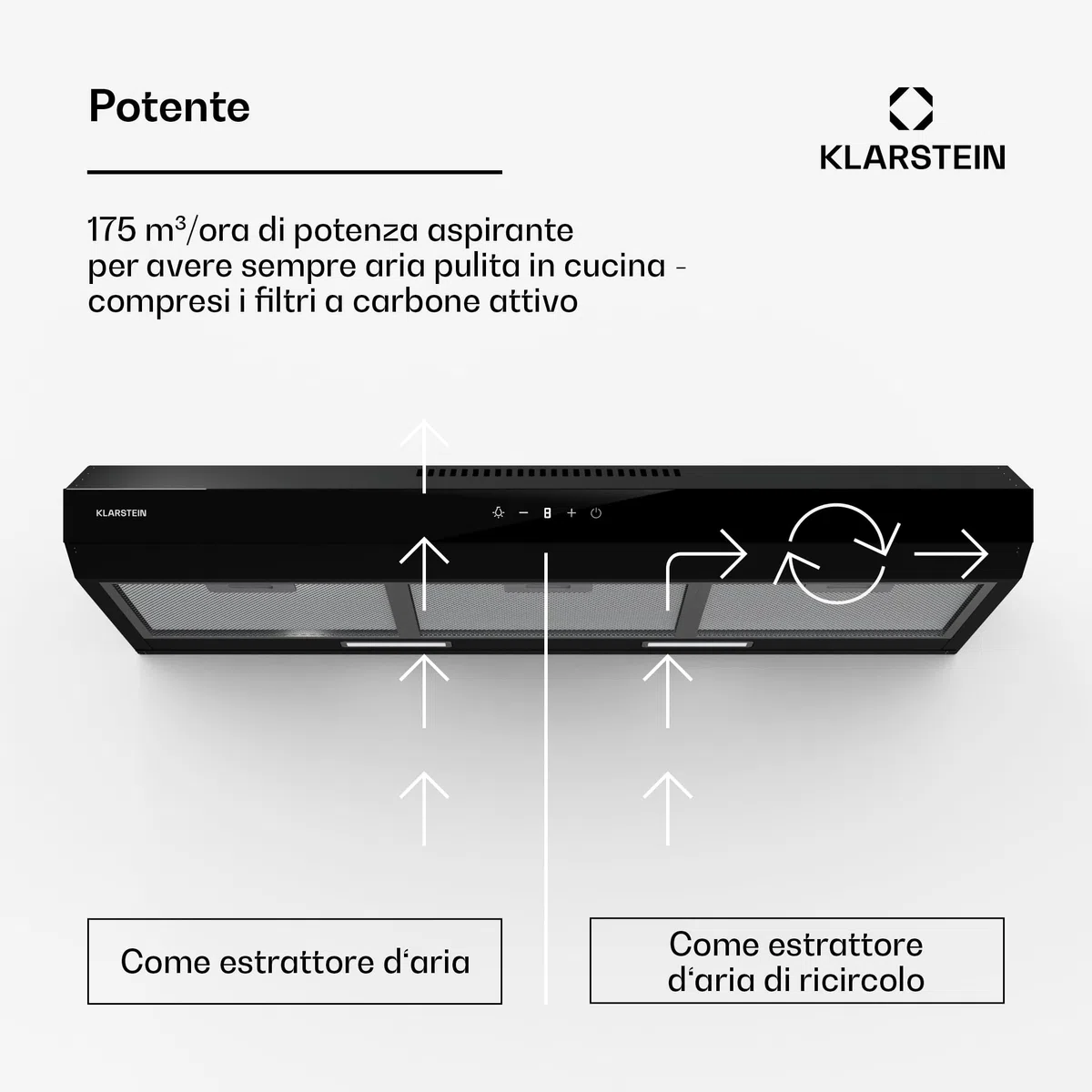 Klarstein Cappa Aspirante a Incasso, Cappa Cucina con Filtro, Cappa Aspirante Cucina in Alluminio, Cappa da Parete con Flusso d'Aria 175m³/h, Illuminazione LED, Timer, Cappa Aspirante Filtrante