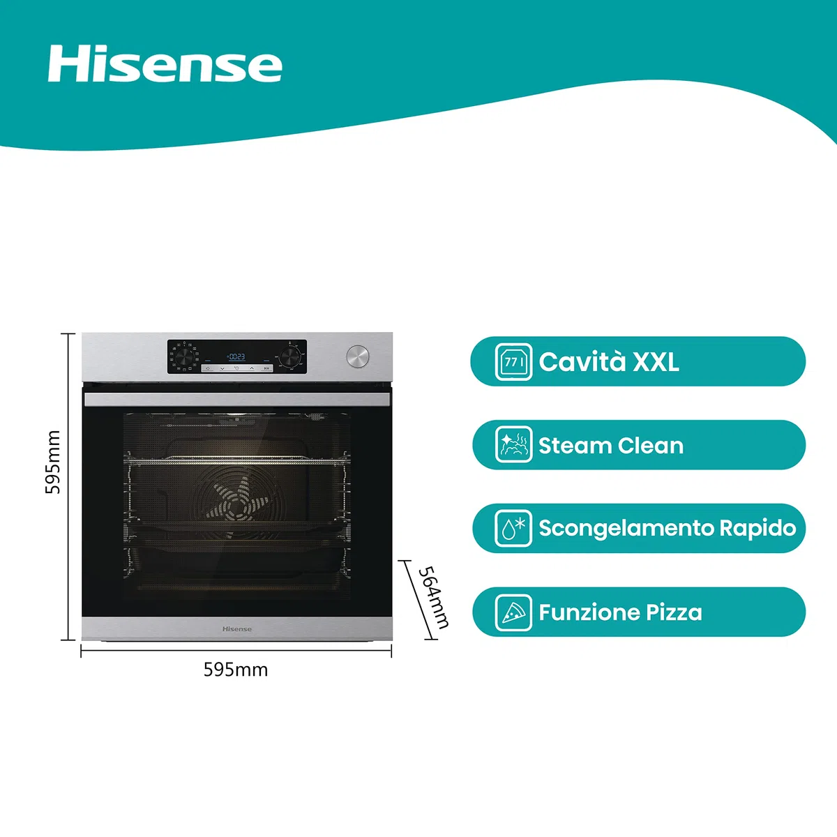 Hisense O66226AXS, Forno Multifunzione Termoventilato, Cavità XXL 77 Litri, Pulizia Aqua Clean, 13 Funzioni, Cottura Combinata a Vapore, Funzione Pizza 300 °C, Inox