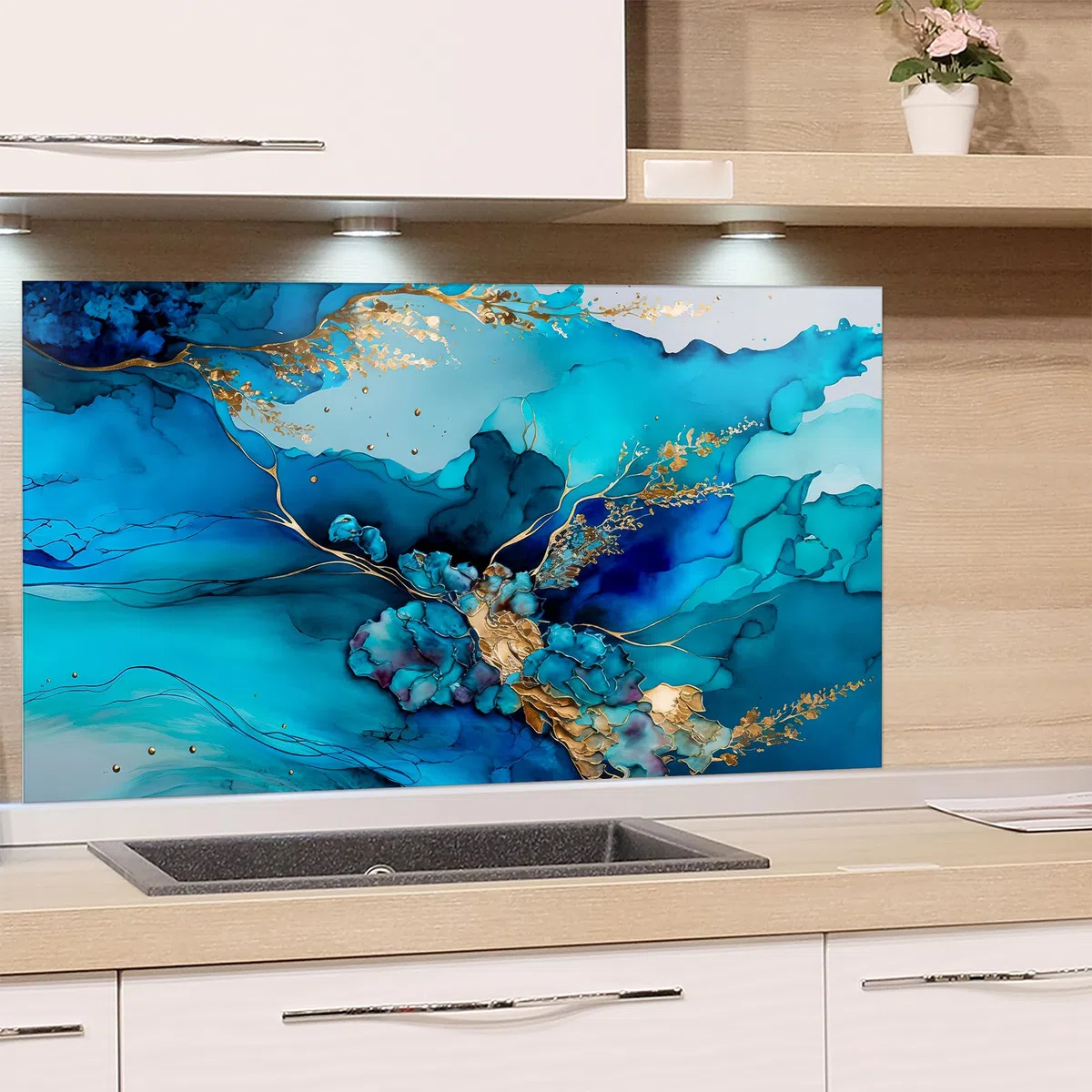 GRAZDesign Paraschizzi da cucina in vetro per cucina e fornelli da cucina, marmo, blu, turchese con linee dorate, pannello in vetro, parete della cucina, 60 x 40 cm
