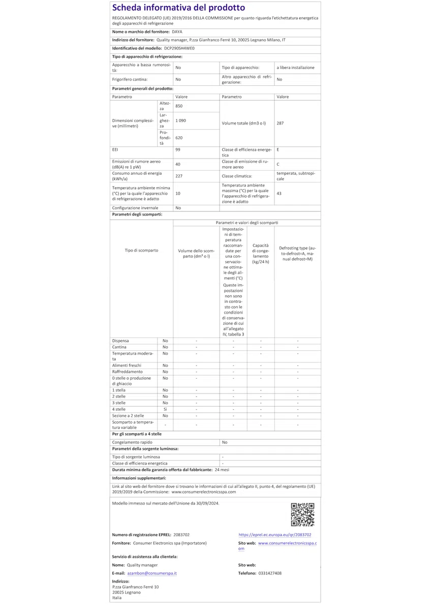 Daya congelatore orizzontale DCP290SH4WE0, 287 litri, classe E, super freezing, winter security, silenzioso 40 dB(A), autonomia senza corrente 28 ore