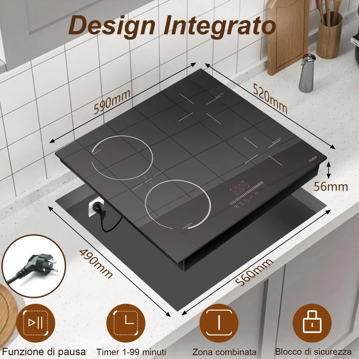 Hobsir Piano Cottura a Induzione con Spina, Piano Cottura Induzione 4 Fuochi, 3500W, Piano Cottura da Incasso Con Zona Flex, Blocco per Bambini, Comando Touch a Scorrimento