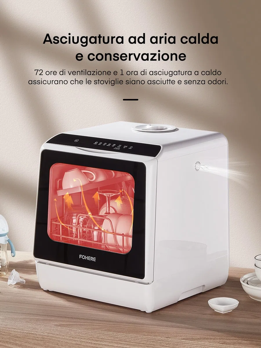 Mini Lavastoviglie da Tavolo, lavastoviglie portatile da 5L, 5+1 Programmi, Avvio Ritardato 1–6h, 2 Modi di Approvvigionamento Idrico, Touch Control e Display LED, Ideale per Cucine, Apt e Dormitori