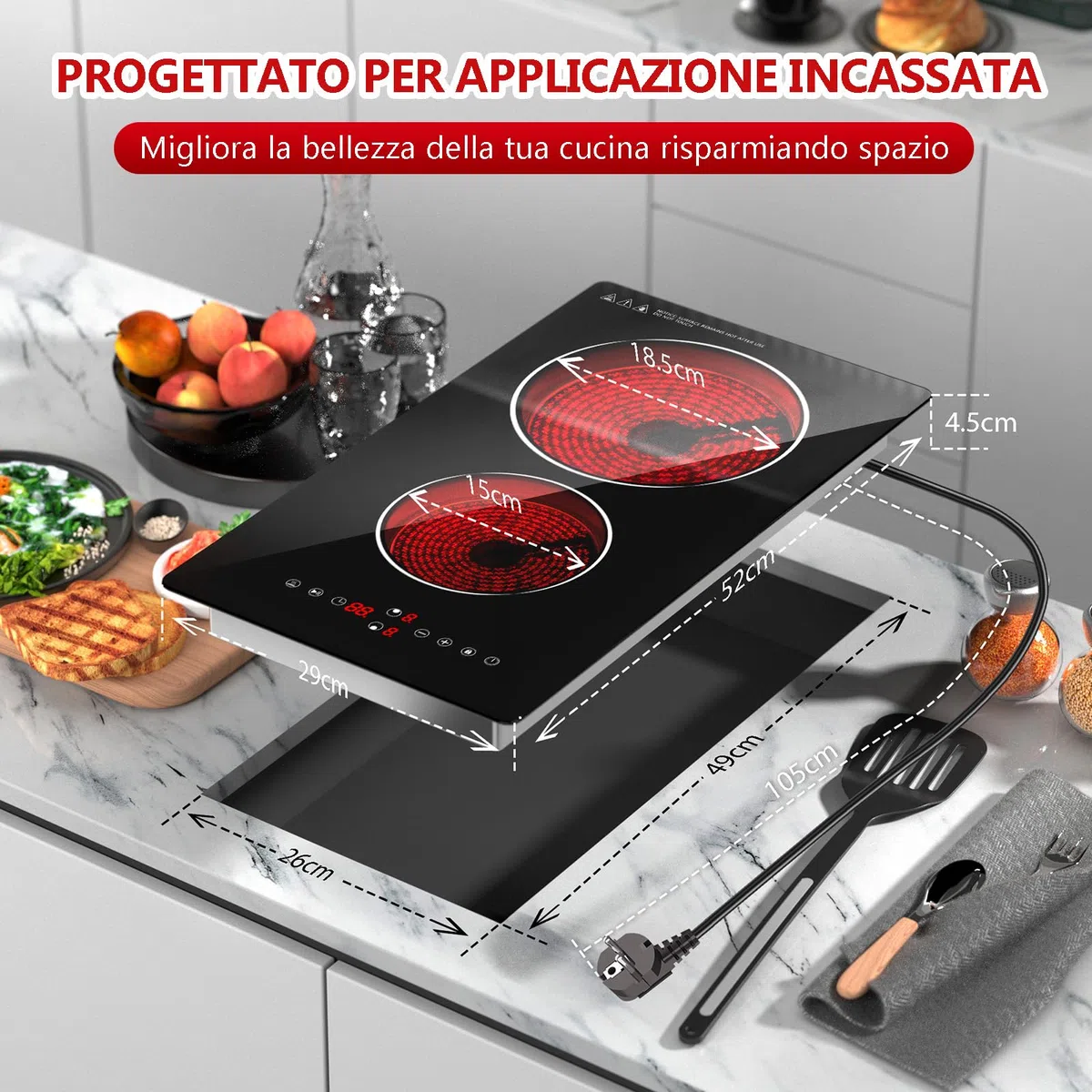 Piano Cottura 2 Fuochi Elettrico Vetroceramica, 30cm Vetroceramica Piano Cottura Elettrico a Incasso con Spina, Controllo a Sfioramento, 9 Livelli di Riscaldamento,Blocco di Sicurezza, 3000W