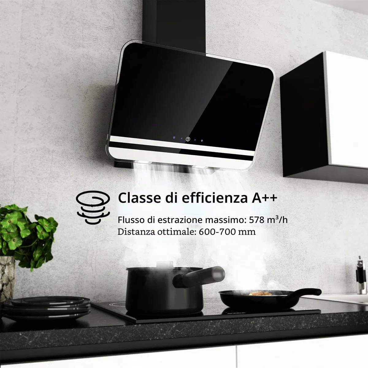 FIREGAS Cappa Aspirante 60 cm, Motore Senza Spazzole, 578 m³/h, 9 Velocità, Illuminazione LED, Controllo Tattile, Silenziosa 35dB, Classe A++, Filtro a Carboni Attivi e Tubo di Scarico Incluso