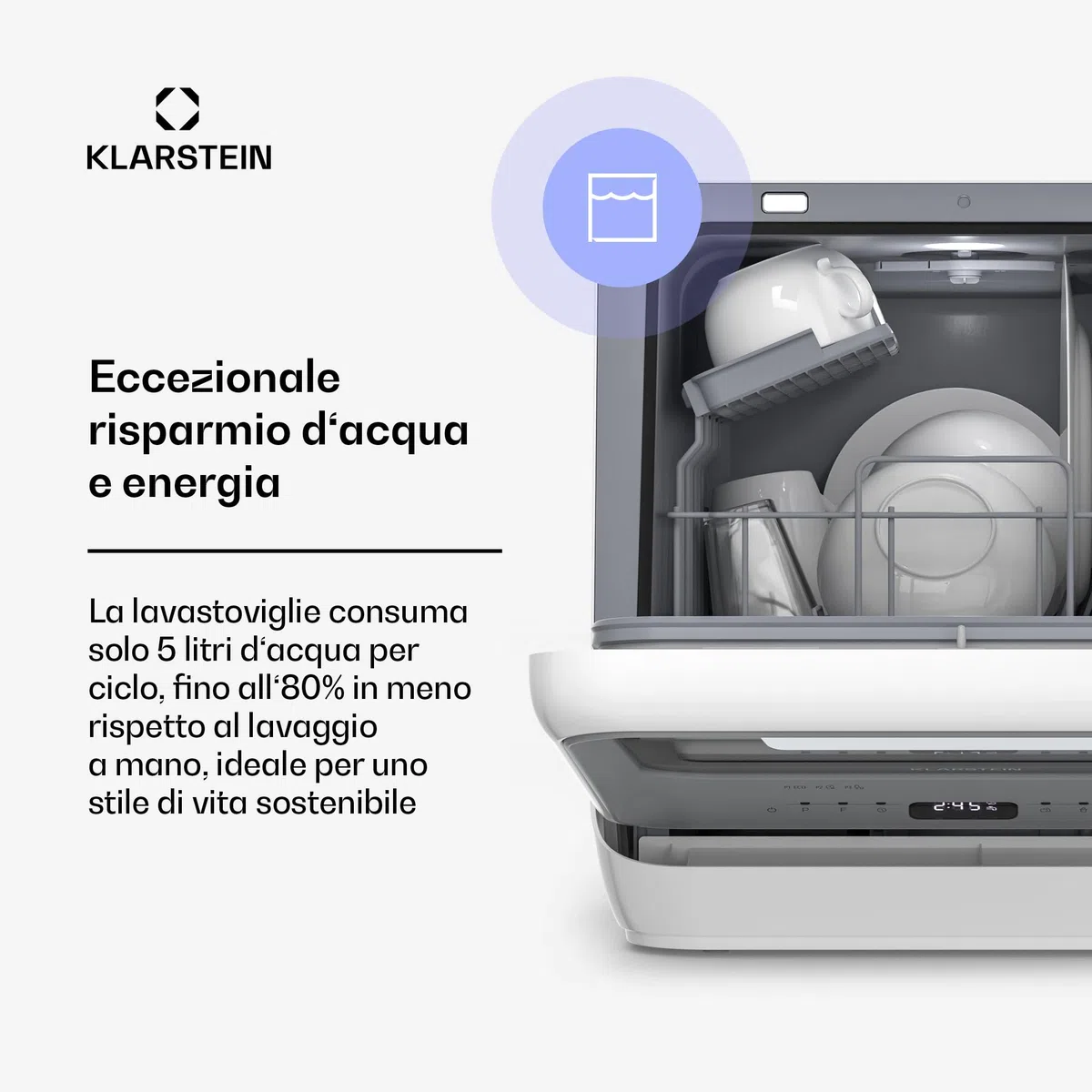 Klarstein Amazonia Mini Lavastoviglie – Portatile Compatta, 7 Programmi, 5L Serbatoio o Attacco Diretto, Silenziosa 58dB, Classe energetica D, Display Digitale, per Cucine Piccole, Nero