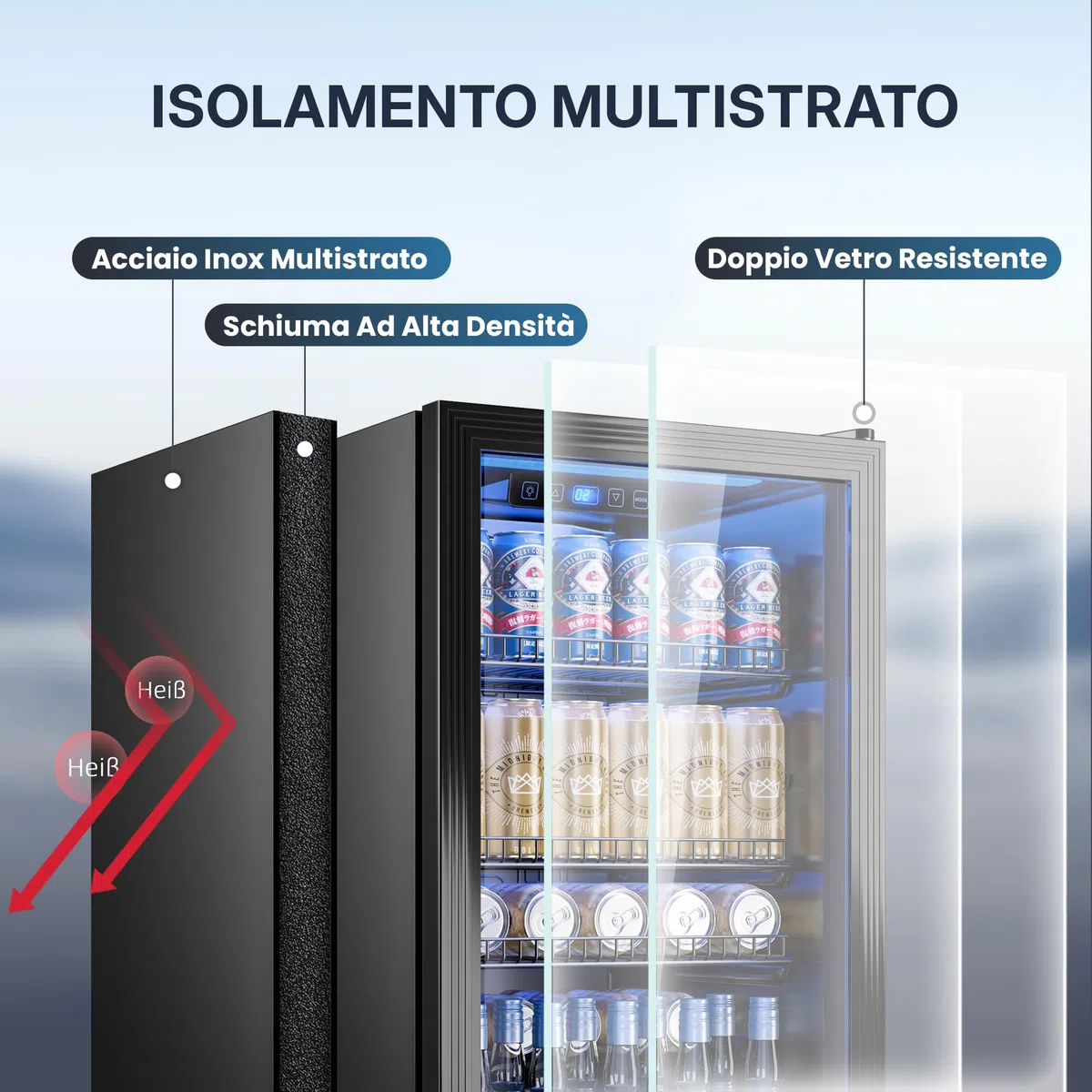 TRIUMPHKEY Frigorifero per Bevande 90 L con Porta in Vetro, Mini Frigo per 128 Lattine, Ripiani Regolabili per Birra, Vino e Bibite, Ideale per Casa, Bar e Ufficio