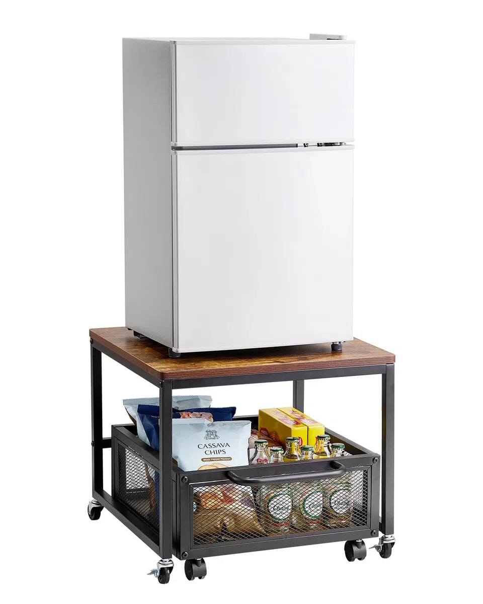 VEVOR Mini Portafrigo con Capacità di Carico di 90 kg, Tavolino da Frigo con Carrello Mobile e Ruote Girevoli, Portafrigo per Bevande per Caffè Bar, Portafrigorifero per Appartamento Marrone