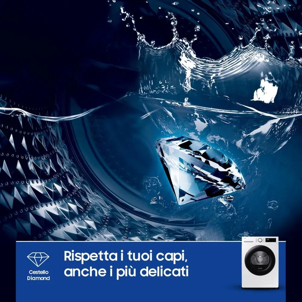 Samsung Asciugatrice Crystal EcoDry DV90CGC0A0AE/ET 9 Kg, Pompa di Calore, Wifi, Sensore Optimal Dry, Filtro 2 in 1, Carica Frontale, 60L x 80H x 65P cm
