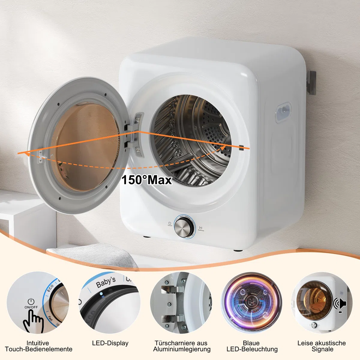 Merax Mini asciugatrice da 3 kg, 1350 W, con 8 programmi e sensore NTC, 65 dB, silenzioso, montaggio a parete, doppio filtro senza materiale di consumo, 53,5 × 42 × 65 cm, bianco