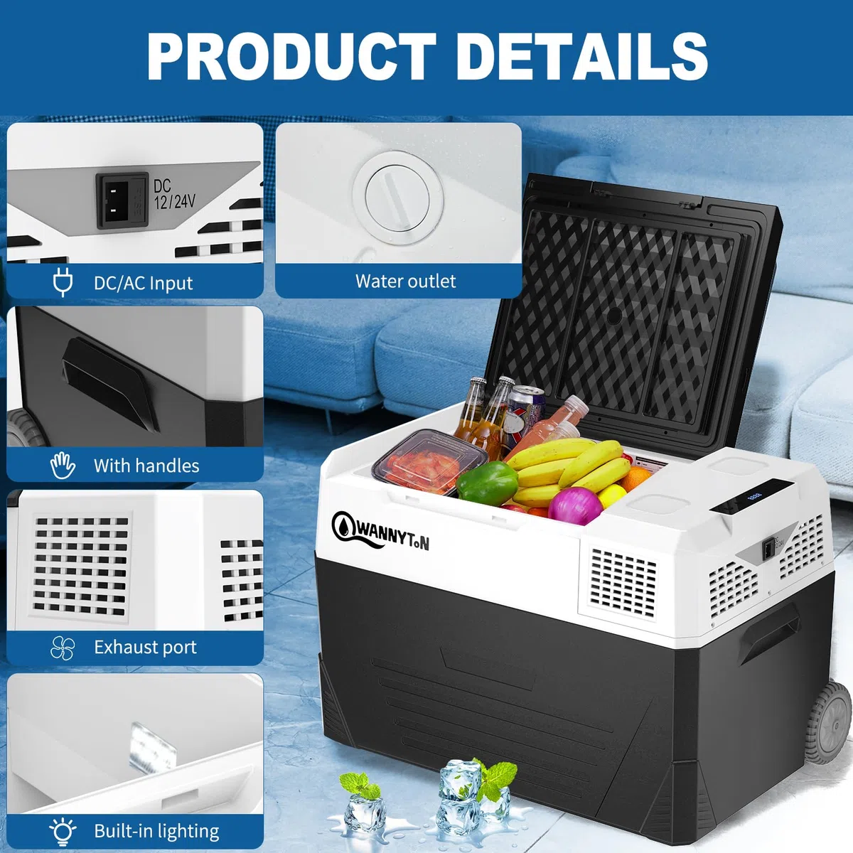 WANNYTON 58L Frigo Portatile a Compressore, Frigorifero Elettrico 12/24/100-240 V, Mini Frigo per Auto, Camper, Barca, con Ruote e Maniglia di Trasporto, con Cavi AC/DC