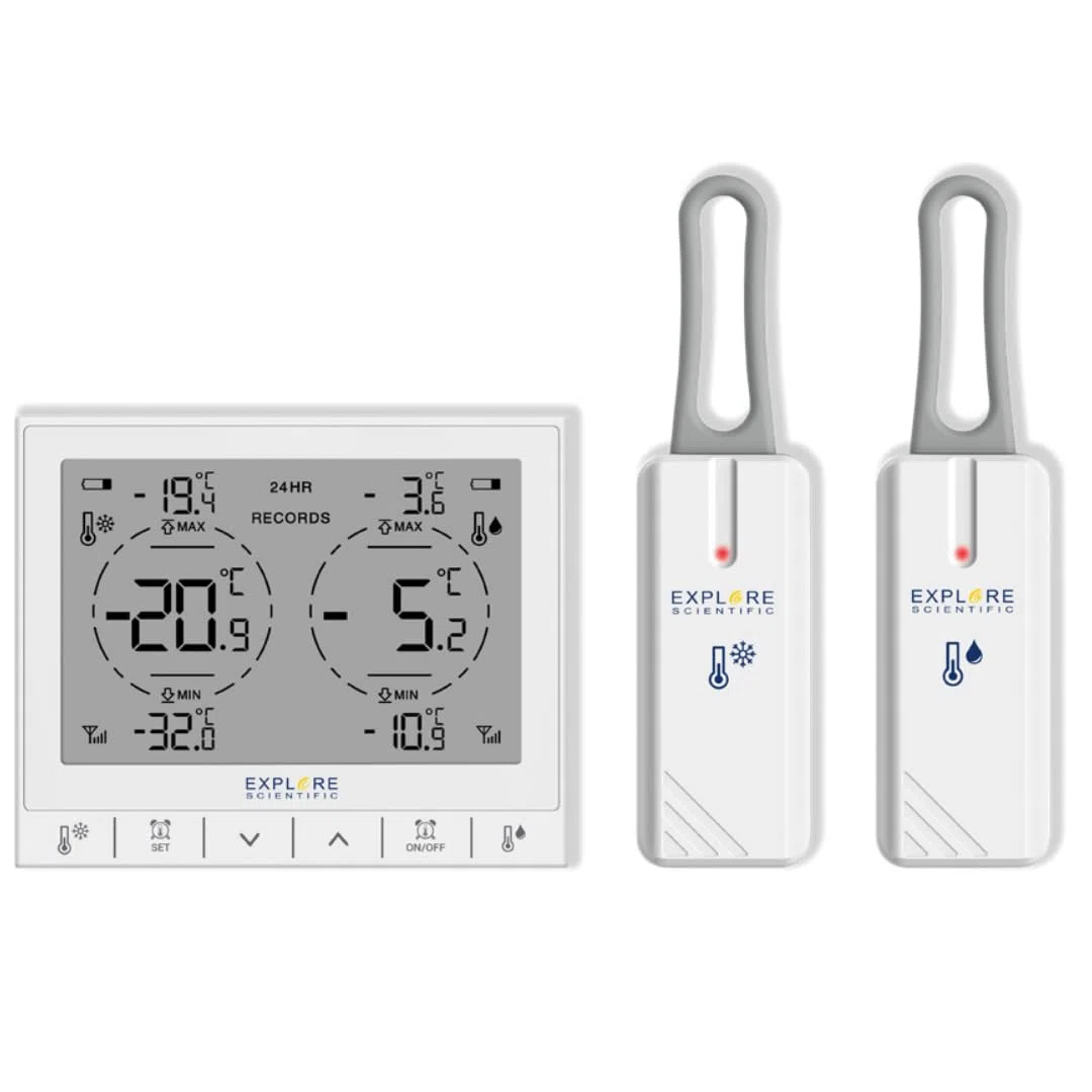 Explore SF2001 Termometro Digitale per Frigo e Freezer con 2 Sensori a Gancio, Allarme Alte/Basse Temperature, Memoria Storico 24h, Display LCD, Batterie Incluse, Bianco