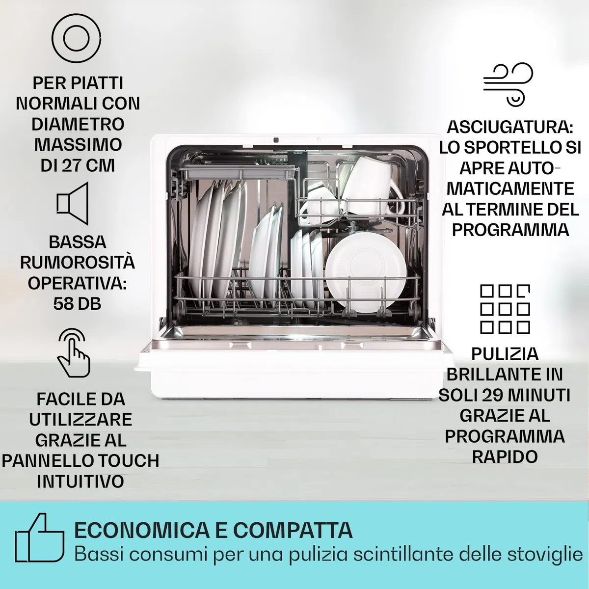 Klarstein Lavastoviglie 5 Coperti, Libera Installazione Silenziosa con 6 Programmi di Lavaggio, Piccola, Mini da Tavolo Compatta e Facile da Installare, Vetro, Bianco