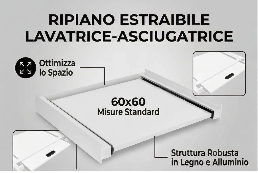 Ripiano Estraibile per Lavatrice e Asciugatrice 60x60 cm – Supporto Intermedio Salvaspazio con Binari in Alluminio, Piedini Antivibrazione, Cinghia di Sicurezza – Piano Piegabiancheria Robusto
