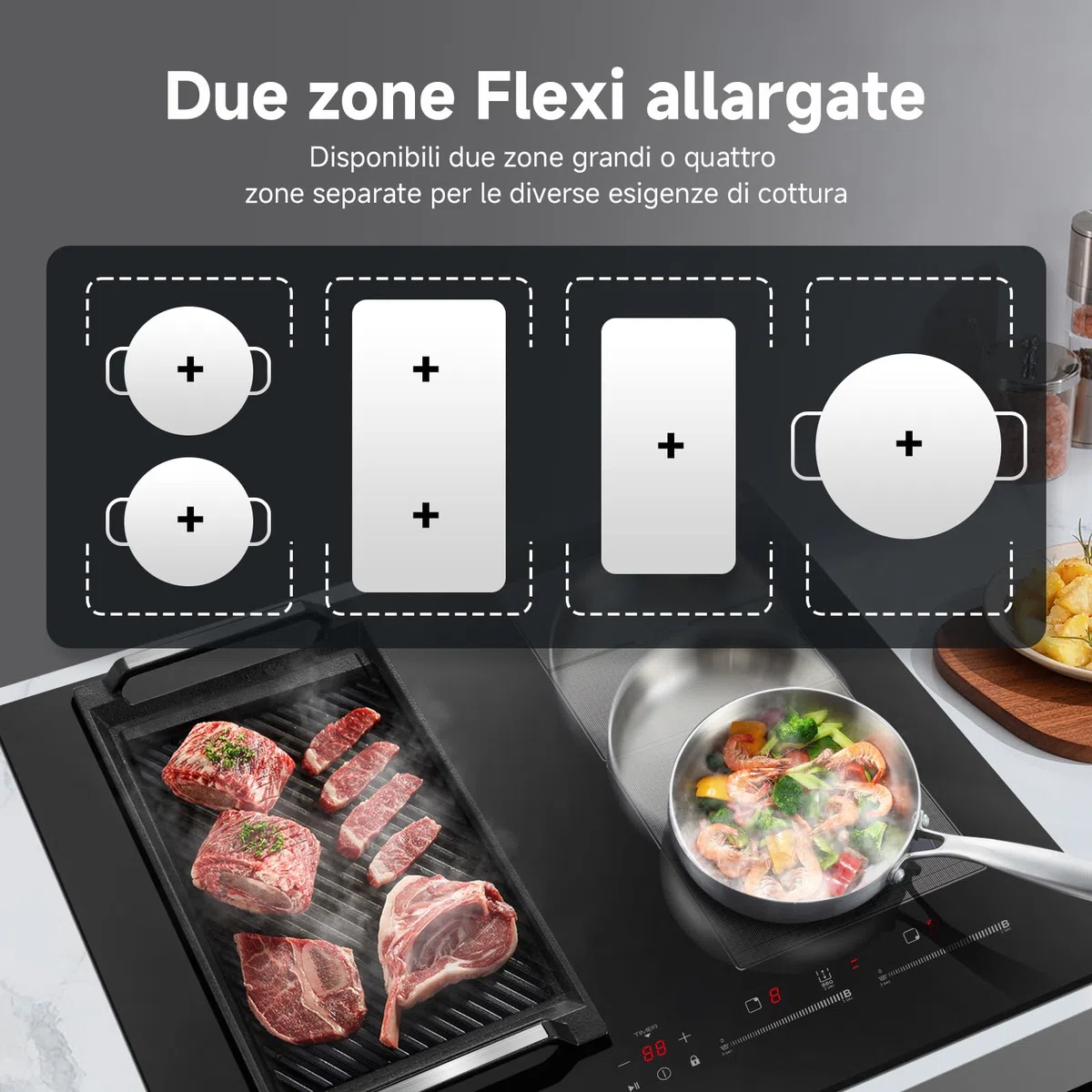 AMZCHEF Piano cottura a induzione 4 fuochi con 2 zone flessibili, con funzionamento silenzioso, 9 livelli di potenza e funzione booster - funzione BBQ, pausa e mantenimento in caldo, 60cm, 7400W