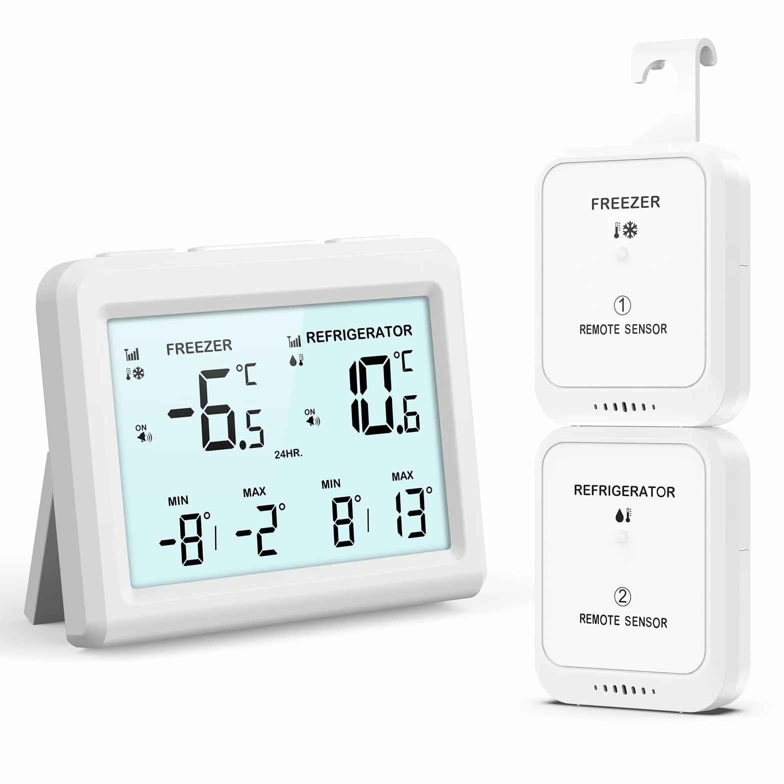 ORIA Termometro da Frigorifero, Termometro Digitale da Congelatore con 2 Sensori Wireless, Termometro da Frigorifero con Allarme con Display LCD, ℃/℉, Min/Max, 2 Opzioni di Montaggio per Casa