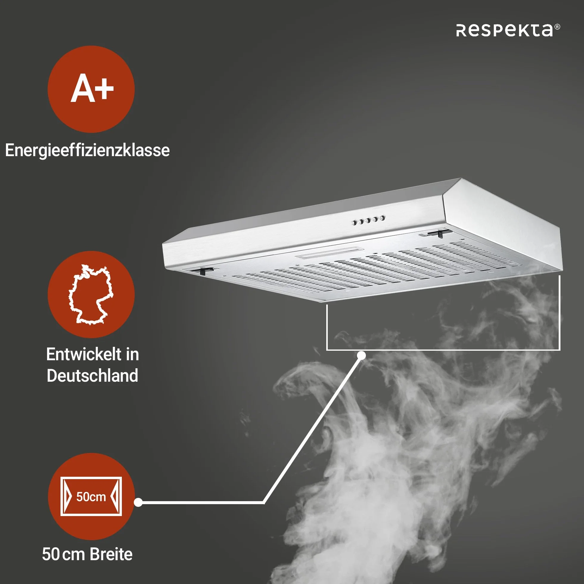 Respekta Sina cappa sottopensile inox/cappa aspirante 50 cm/corpo inox di qualità/funzione aspirazione e espulsione aria / CH500IX-19 / classe efficienza energetica A+ / 53–64 dB