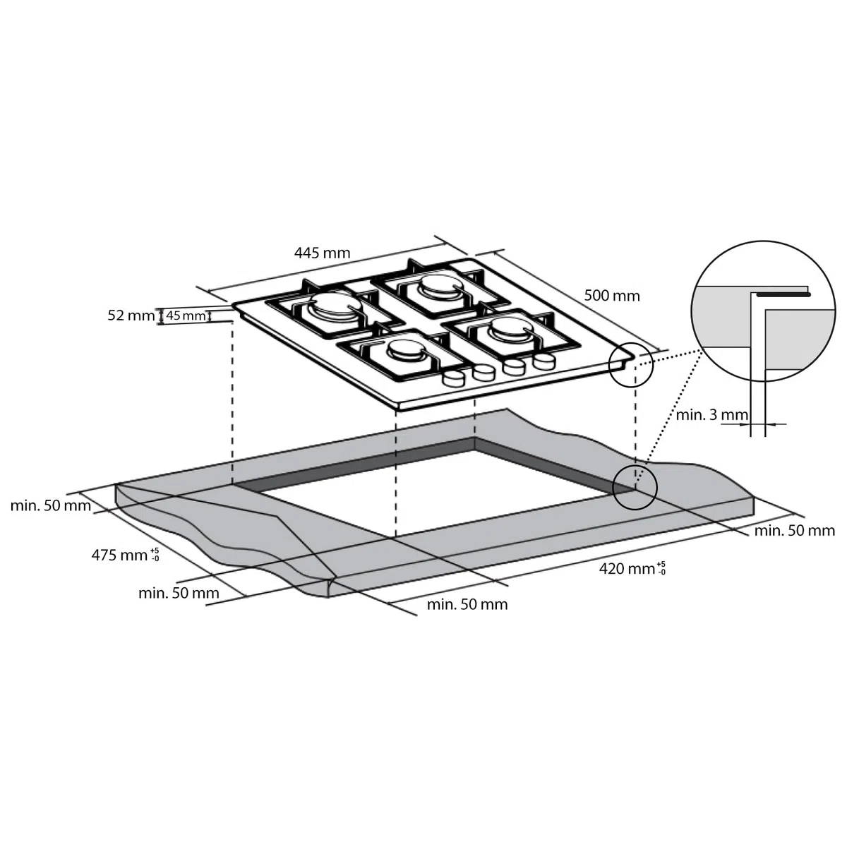 KKT KOLBE Piano cottura a gas da 44,5 cm, autonomo, 6,2 kW, 3 fuochi, regolabile in continuo, zona wok, senza cornice, controllo a manopola, supporti in ghisa, acciaio inox, gas propano, gas naturale
