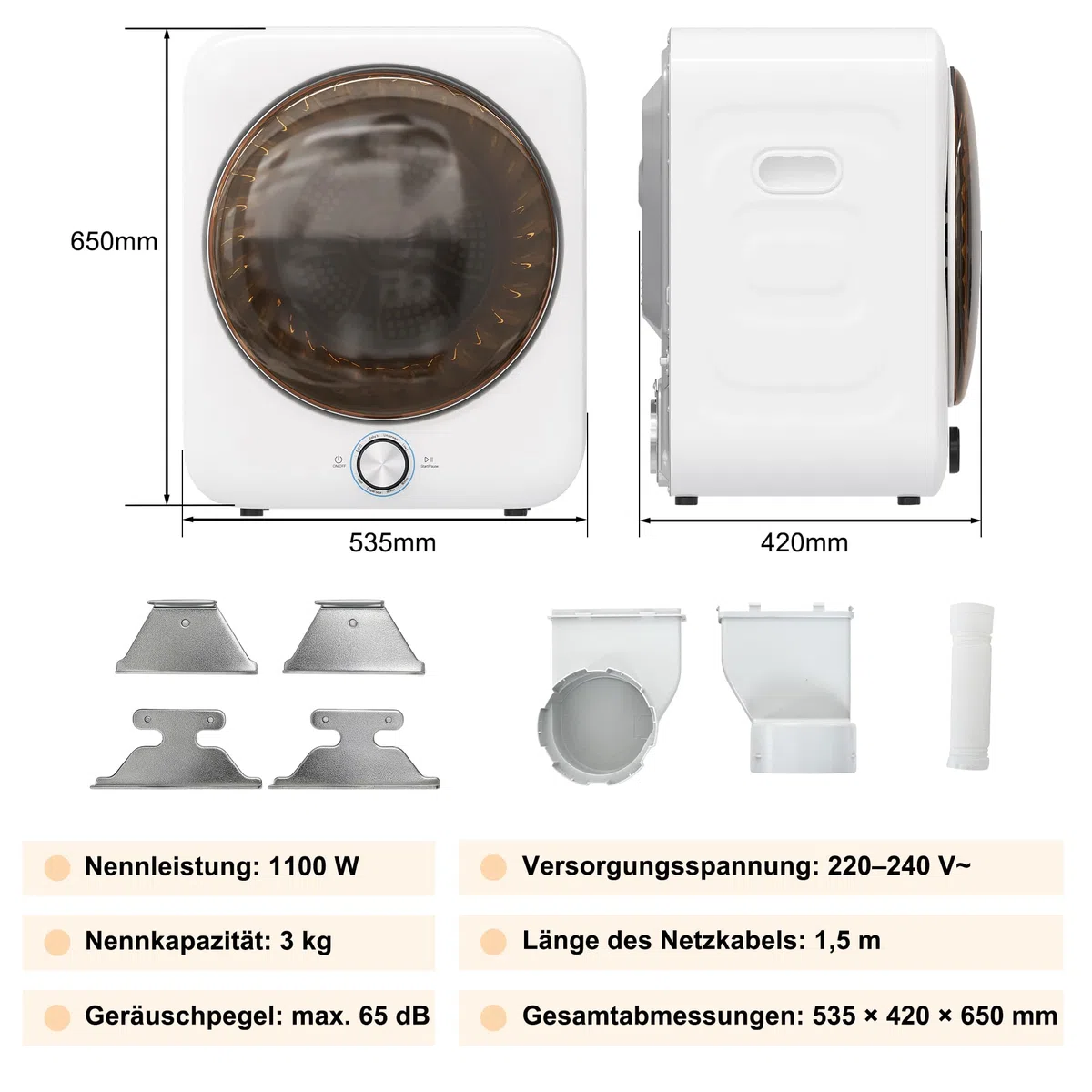 Merax Mini asciugatrice da 3 kg, 1350 W, con 8 programmi e sensore NTC, 65 dB, silenzioso, montaggio a parete, doppio filtro senza materiale di consumo, 53,5 × 42 × 65 cm, bianco
