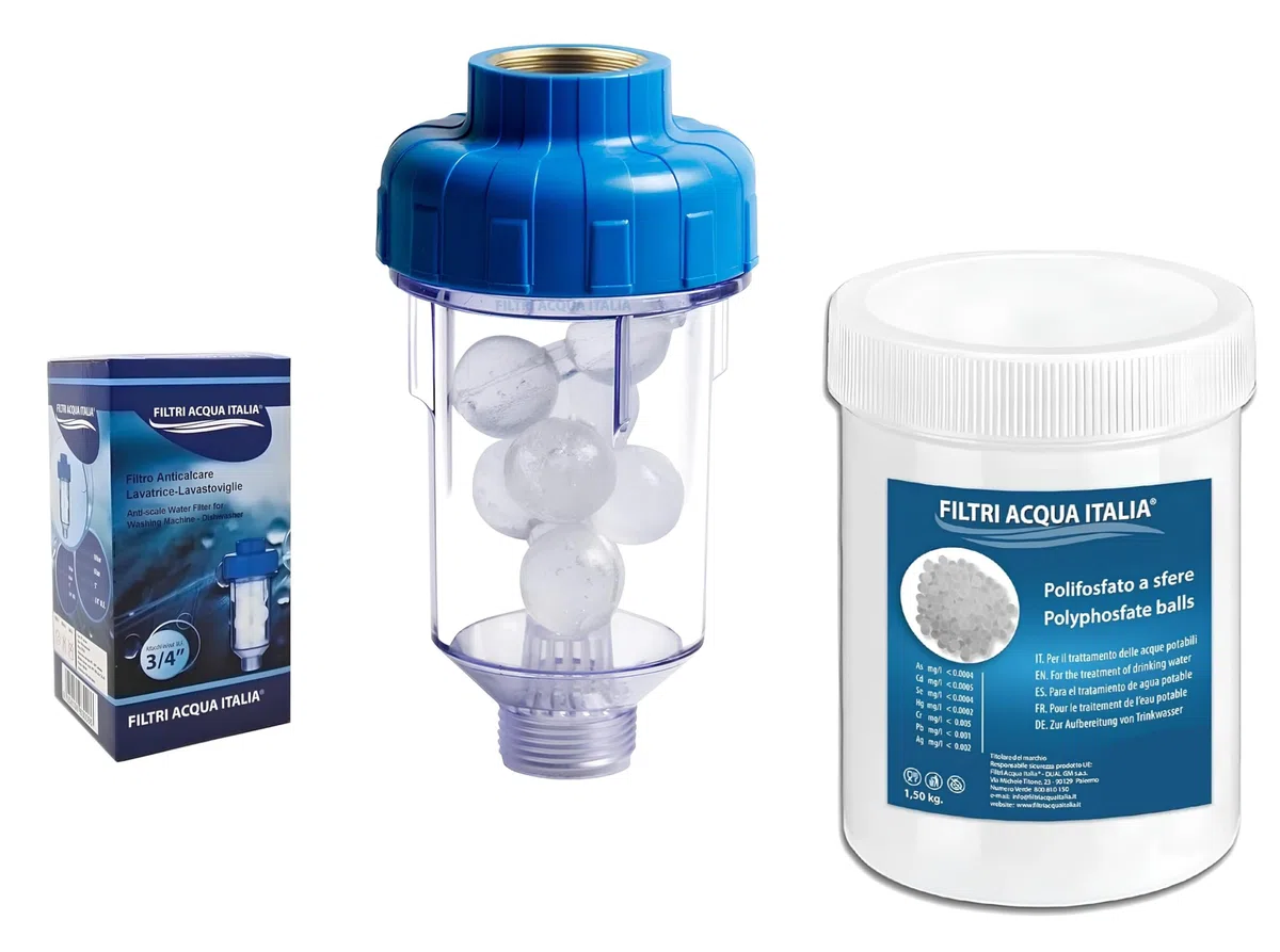 Filtro Anticalcare per Lavatrice e Lavastoviglie + Ricariche di Polifosfato da 1,5 kg (10 ricariche) Attacchi in ottone 3/4"