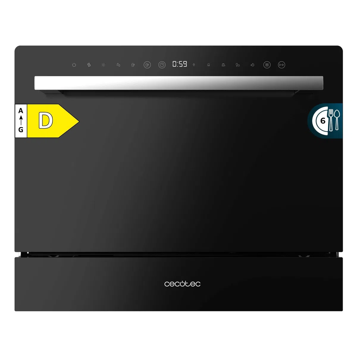 Cecotec Lavastoviglie Compact 6 Posate Bolero Aguazero 2400 Black Glass, 1380 W, Finitura vetro nero, 5 programmi, Controllo pannello touch, Programmabile fino a 24 ore, Child Lock e cestino per