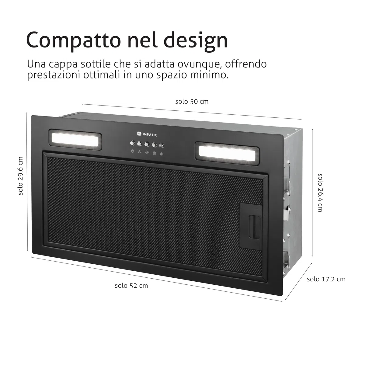 Lane 50 KLN50BI Cappa Aspirante Incasso, A+++, 50 cm, 450 m³/h, Filtri a Carbone Inclusi KCF4, Modalità Ricircolo o Estrazione, Controllo elettronico, Timer, LED, 3 velocità + boost,Nero