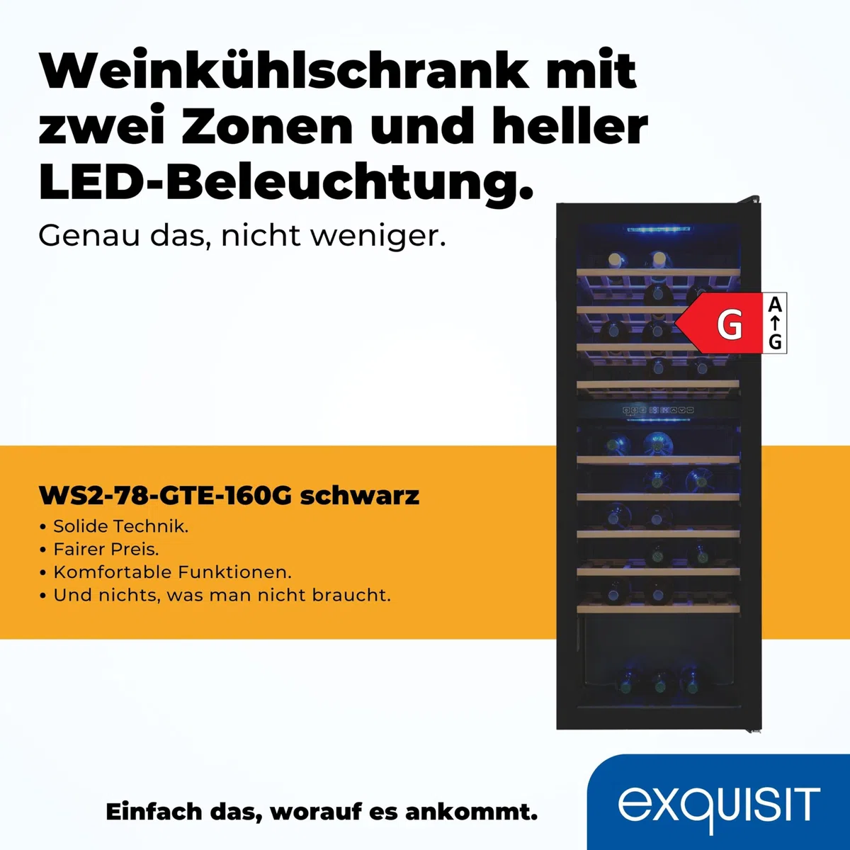 Exquisit Frigorifero per vino a 2 zone, spazio per 78 bottiglie, 194 litri, ventilatore a ricircolo, 9 ripiani in legno, display digitale della temperatura, WS2-78-GTE-160G nero