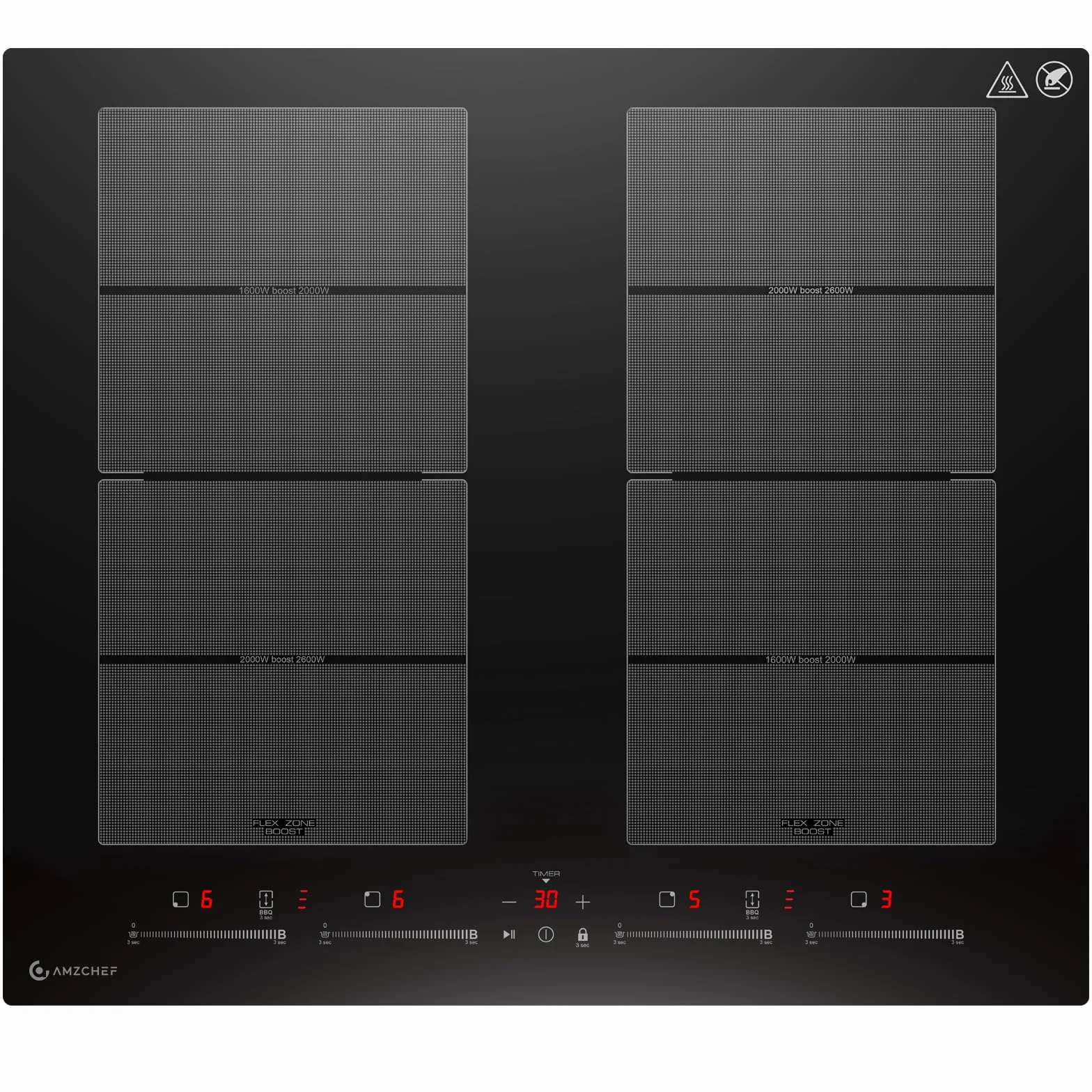 AMZCHEF Piano cottura a induzione 4 fuochi con 2 zone flessibili, con funzionamento silenzioso, 9 livelli di potenza e funzione booster - funzione BBQ, pausa e mantenimento in caldo, 60cm, 7400W