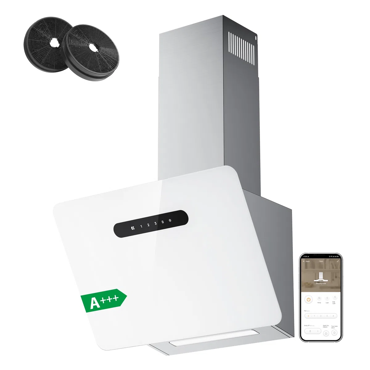 Ciarra A+++ Cappa Aspirante 60cm 650 m³/h - APP WiFi Connessa - Cappa Inclinata - 3 Velocità - Filtri al Carbone Inclusi - Evacuazione o Riciclaggio - Bianco -CBCW6736K