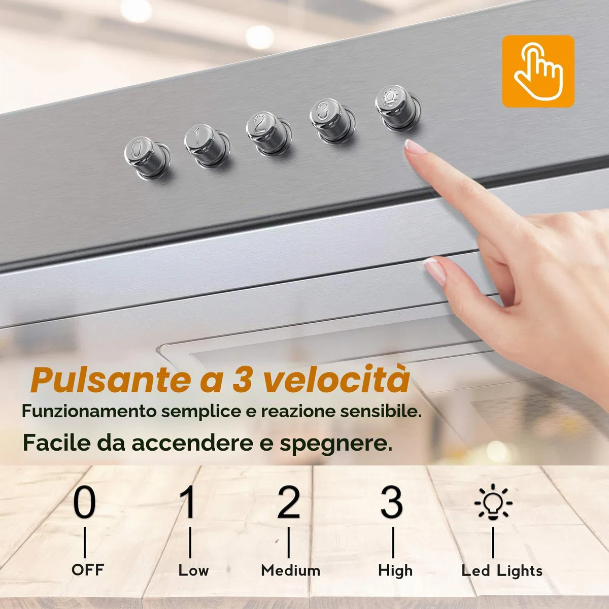 FIREGAS Cappa Aspirante 60 cm, Cappe a muro, Sottopensile Cappa da Cucina, 3 Velocità, Luci LED, Modalità di Scarico e Ricircolo, Argento