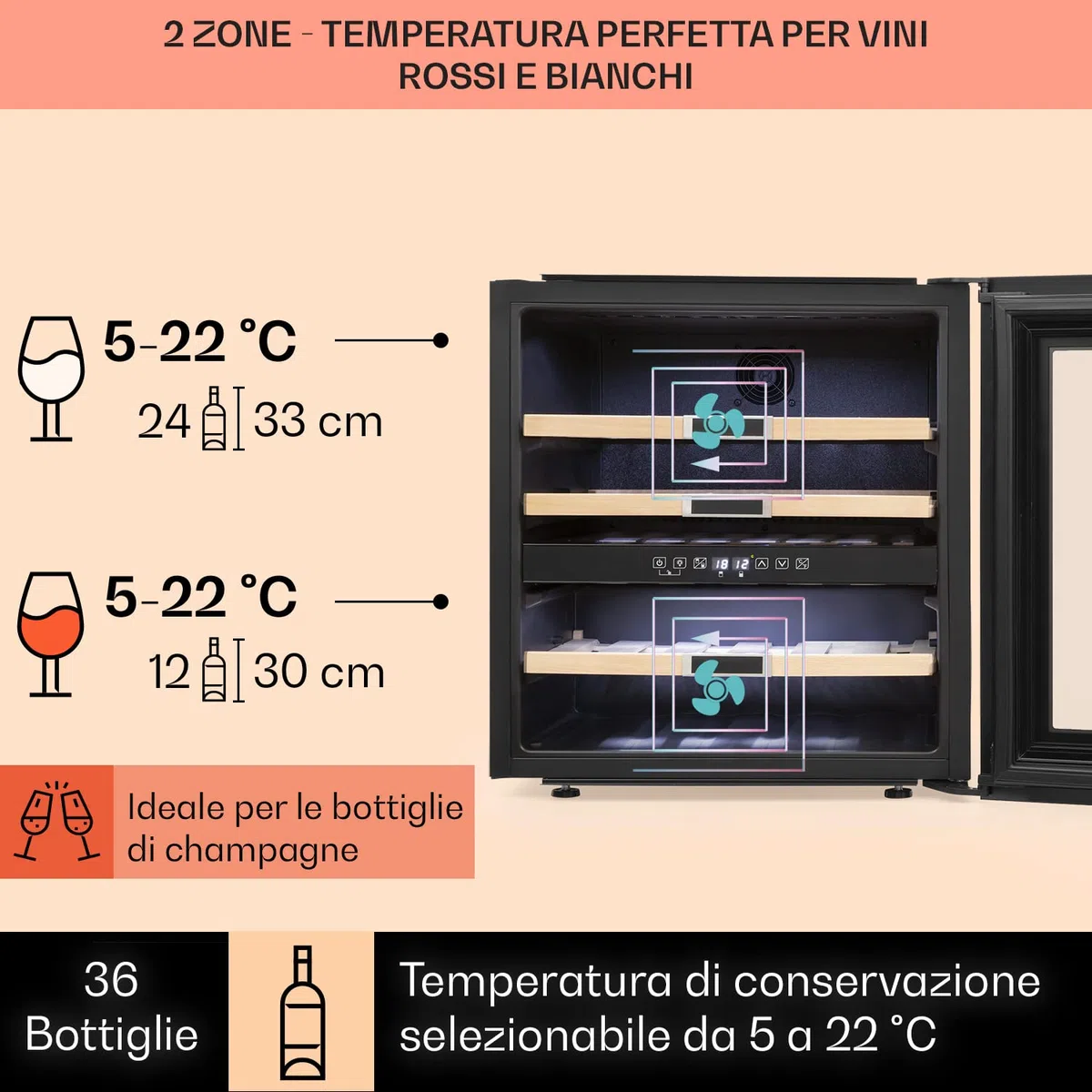 KLARSTEIN Cantinetta Vino Refrigerata a Zona Doppia 85L 36 Bottiglie 5-22°C