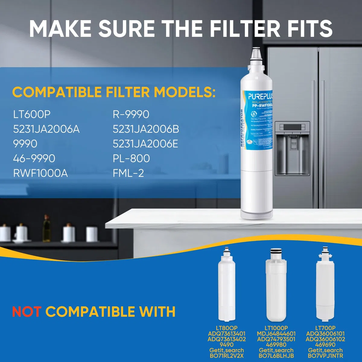 PUREPLUS 5231JA2006A 9990 Ricambio per LG LT600P, kenmore 9990, 5231JA2006B, KENMORECLEAR 46-9990, R-9990, FML-2, RWF1000A, LSC27931ST, LFX25960ST Filtro acqua frigorifero, 3 Confezione