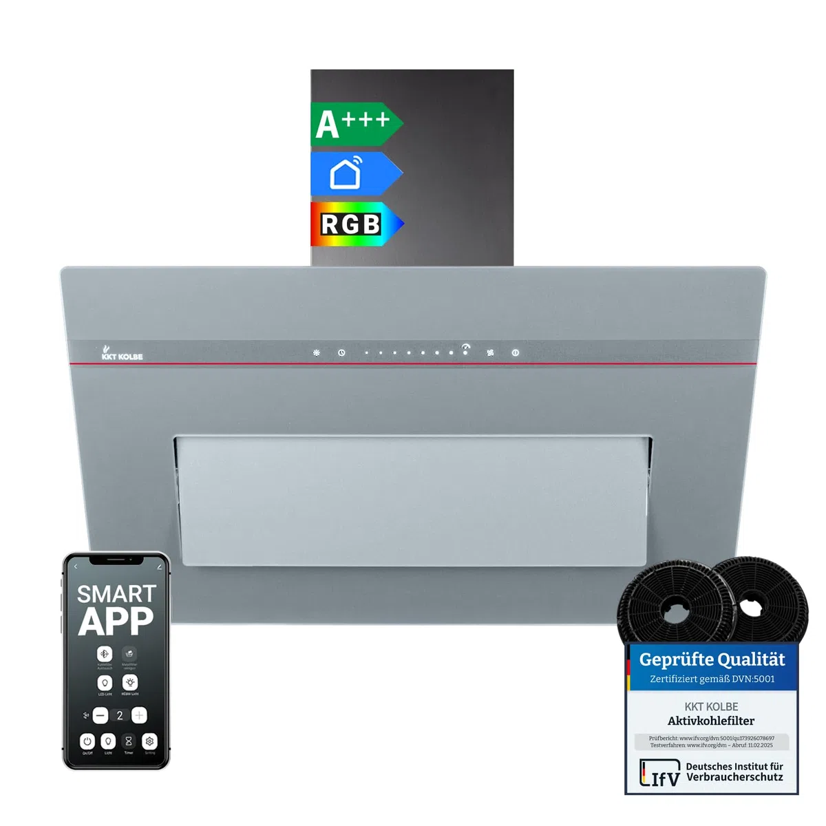 KKT KOLBE A+++ cappa aspirante 80 cm 782 cbm/h ricircolo aria di scarico senza testa | vetro grigio opaco | ricarica automatica | Smart WiFi App Wi-Fi | SensorTouch | Illuminazione LED RGBW |
